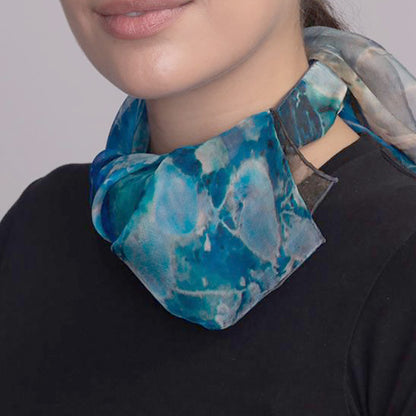 Model wears Blue Dream Small Square Tea-Printed Silk Chiffon Scarf 100% Silk, 24x24" - Teascarf Brooklyn