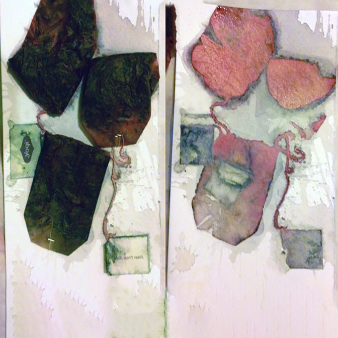 Tea bags arranged on watercolor paper before and after removal.