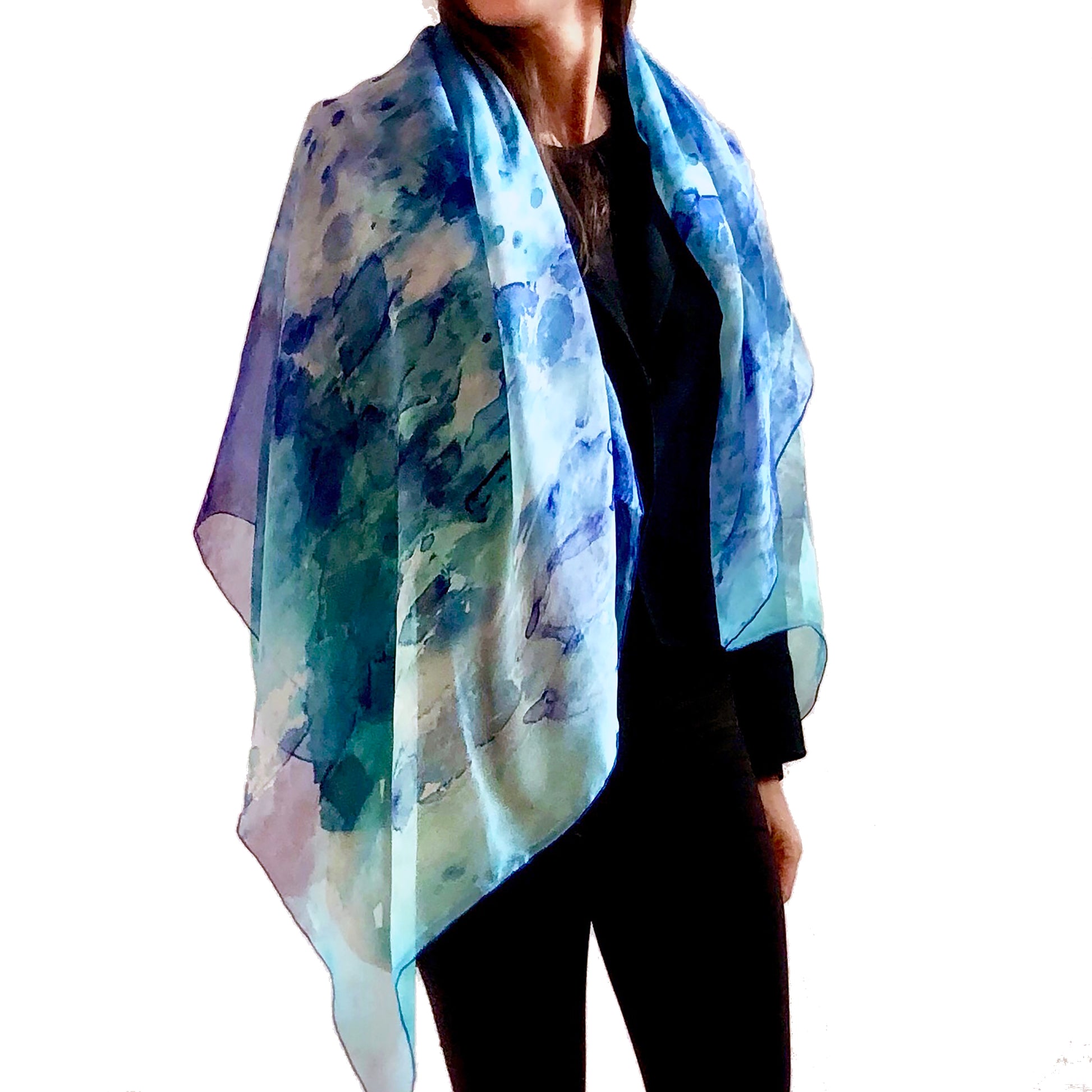 Model facing front wearing Clear Blue Oversized Square Tea-Printed Silk Scarf - 100% Silk, 52x52" - Teascarf Brooklyn