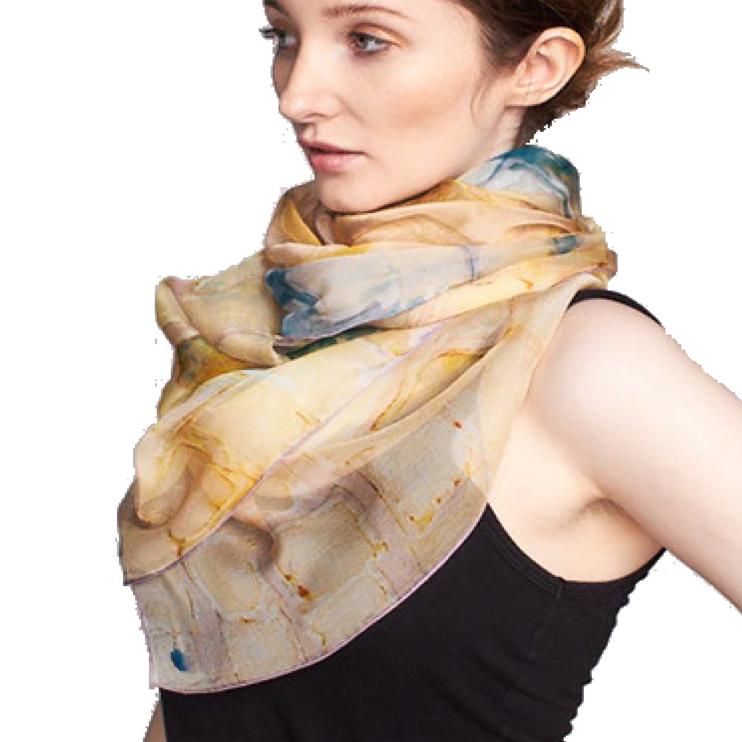 Model wears a sheer silk chiffon Camomile Scarf by Teascarf Brooklyn.
