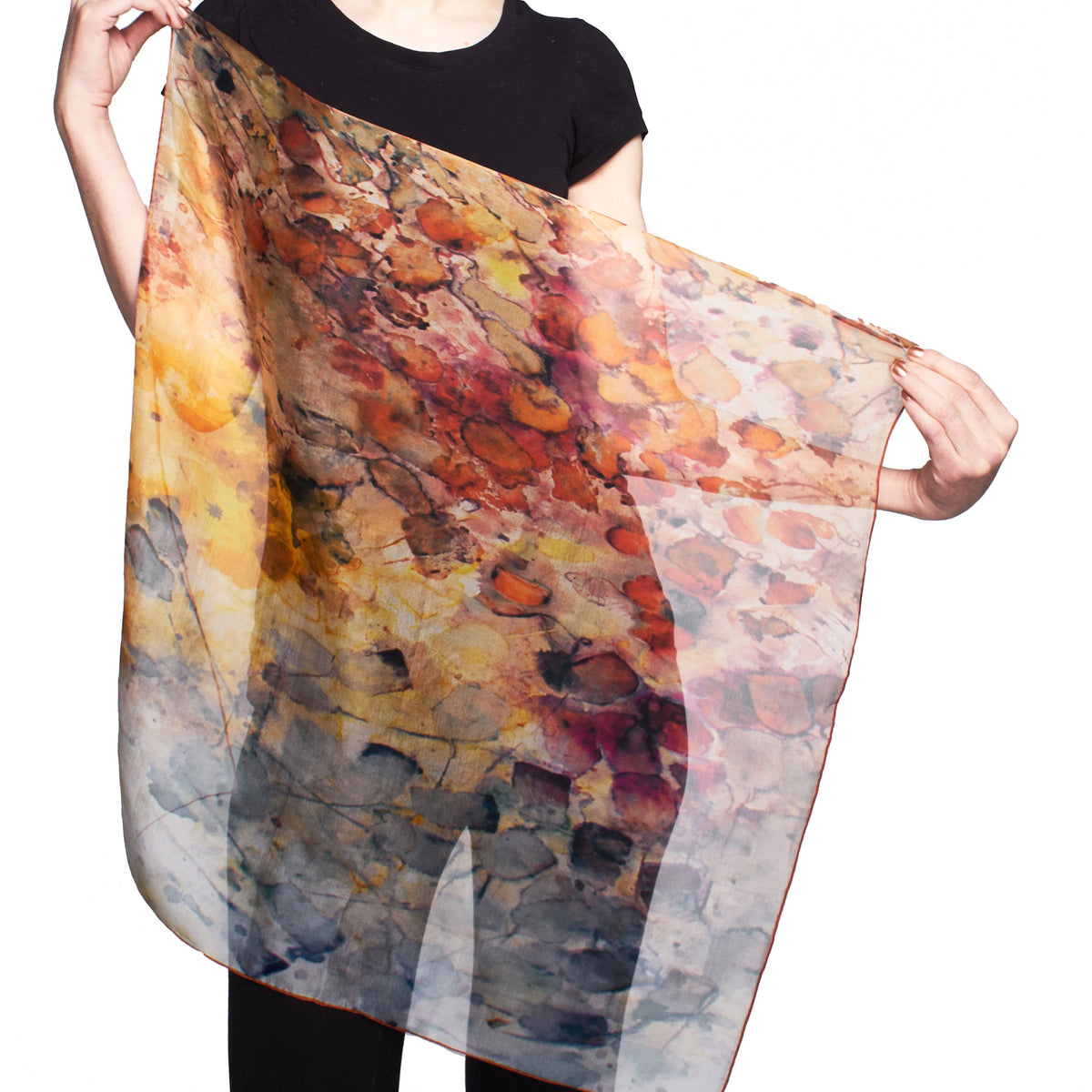 Rare Earth Small Square Tea-Printed Silk Chiffon Scarf - 100% Silk, 26x26" - Teascarf Brooklyn