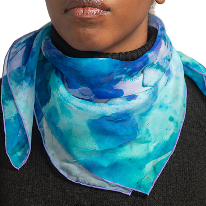 Peacock Green Small Square Tea-Printed Silk Chiffon Scarf - 100% Silk, 26" x 26" - Teascarf Brooklyn